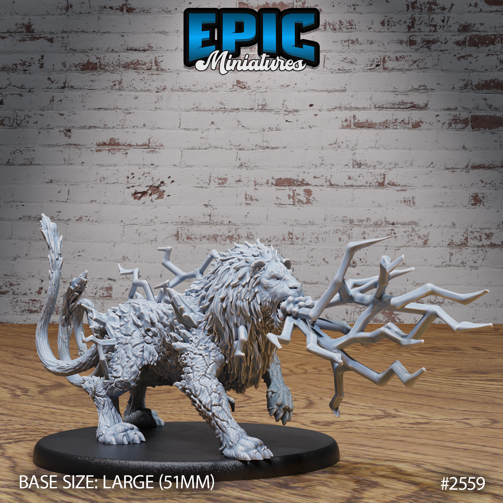 Ferocious lion sculpt in a low stalking stance, maw open with jagged branching lightning bolts erupting forward. Dense textured mane, clawed forepaws braced. Large oval base. By Epic Miniatures.