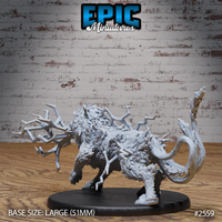Muscular lion sculpt rearing upright, thick mane bristling, branching lightning arcs radiating across its back and flanks. Curved whip-like tail raised behind. Large oval base. By Epic Miniatures.
