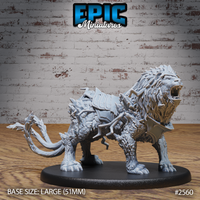 Ferocious armoured lion miniature by Epic Miniatures, posed low in a stalking stance with jaws wide open, spiked mane, heavy segmented back armour, and a splintered claw-like tail. Large oval base.