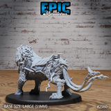 Rear view of the armoured lion miniature by Epic Miniatures, showing the heavily plated saddle structure with iron brackets and spines across the back, thick layered fur texture, and trailing shredded tail.