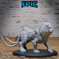 Ferocious saddled lion miniature striding forward, layered blade-like fur covering the body and thick mane, ornate quilted war-saddle secured across the back, tail curling into branch-like tufts. Sculpt by Epic Miniatures.