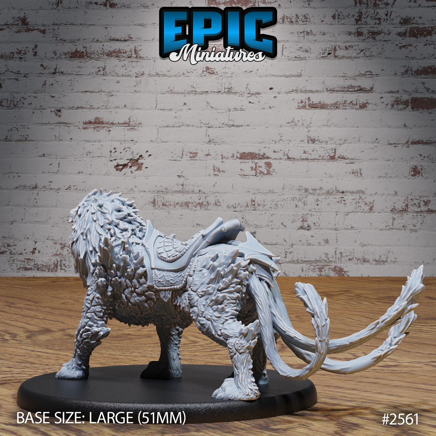 Saddled lion miniature with dense overlapping fur texture, large panelled war-saddle with raised guards visible from behind, dramatic sweeping tail fanning outward, powerful haunches and clawed feet. Sculpt by Epic Miniatures.