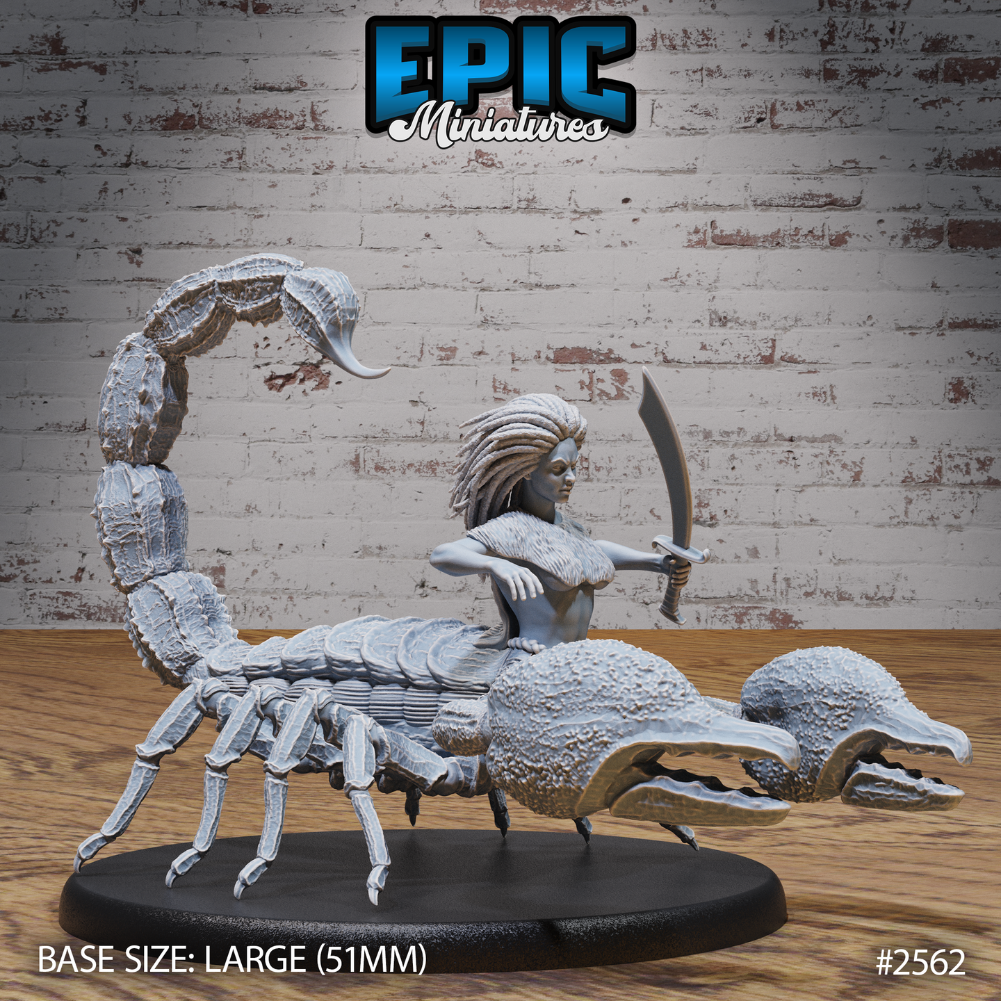 Scorpion Arachne by Epic Miniatures — dreadlocked female warrior torso with curved blade raised, fused to a large armoured scorpion body with spread claws and arching stinger overhead. On a 51mm base.