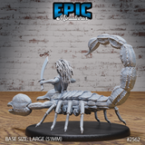 Scorpion Arachne by Epic Miniatures — rear view showing dreadlocked hair, curved blade extended forward, segmented scorpion tail curling high, with broad textured claws visible to the left. On a 51mm base.