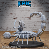Scorpion Arachne by Epic Miniatures — rear view showing dreadlocked hair, curved blade extended forward, segmented scorpion tail curling high, with broad textured claws visible to the left. On a 51mm base.