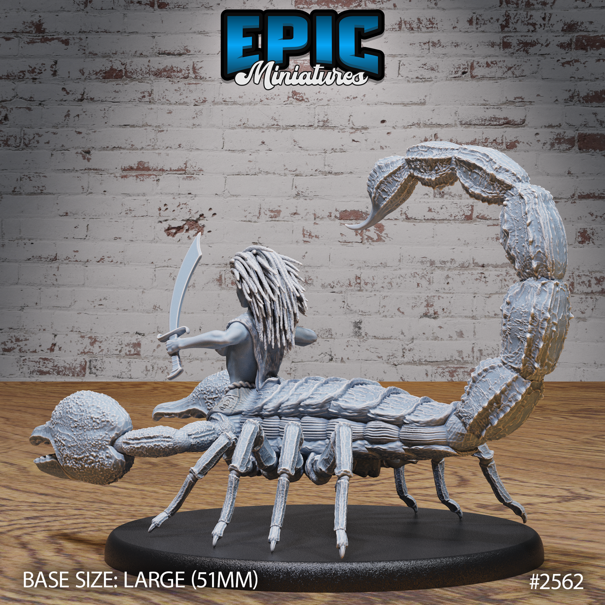 Scorpion Arachne by Epic Miniatures — rear view showing dreadlocked hair, curved blade extended forward, segmented scorpion tail curling high, with broad textured claws visible to the left. On a 51mm base.