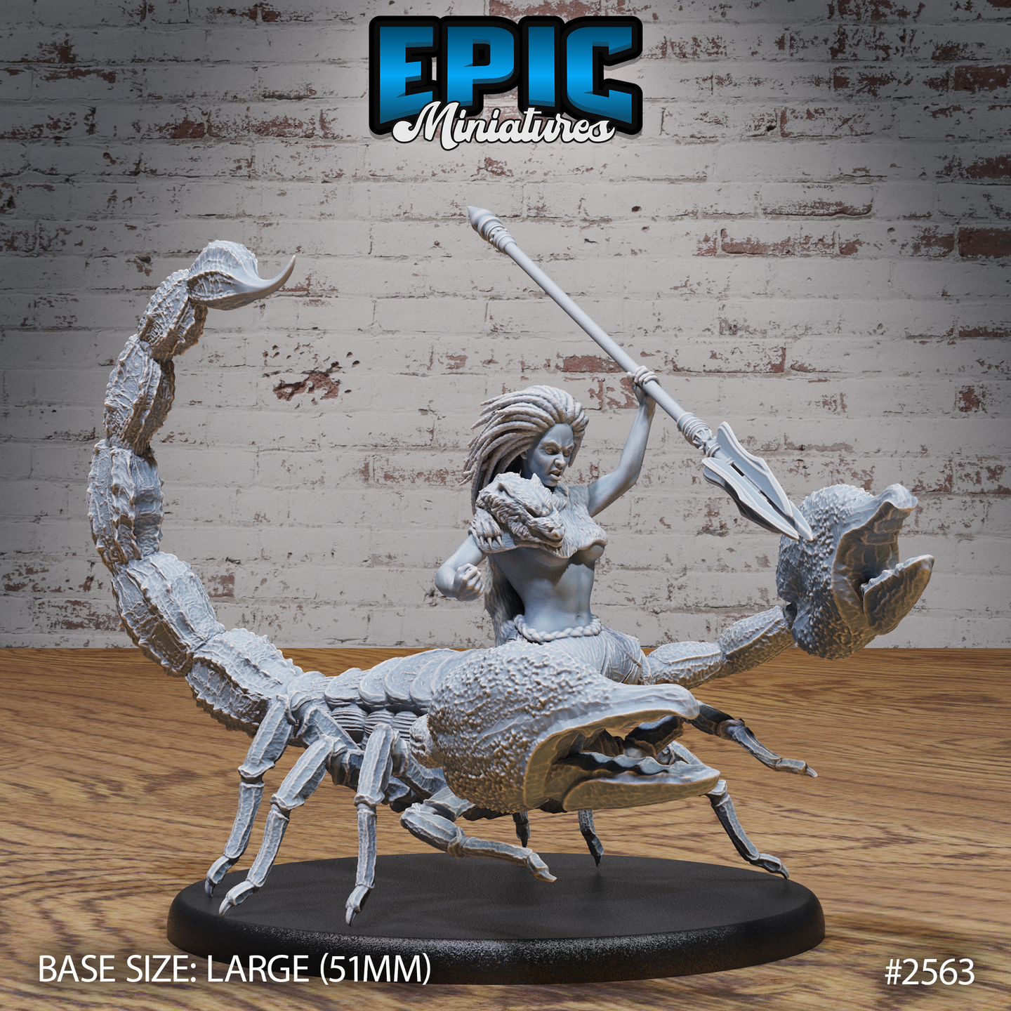 Scorpion Arachne Spear by Epic Miniatures — dreadlocked female warrior torso fused to a giant scorpion body, lunging forward with a long spear raised two-handed overhead, large claw to each side, arched venomous tail behind, on a 51mm base.
