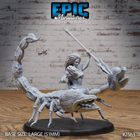Scorpion Arachne Spear by Epic Miniatures — dreadlocked female warrior torso fused to a giant scorpion body, lunging forward with a long spear raised two-handed overhead, large claw to each side, arched venomous tail behind, on a 51mm base.