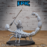 Scorpion Arachne Spear by Epic Miniatures — rear view showing the arched segmented scorpion tail curving high, dreadlocked hair cascading down the warrior's back, spear held aloft, heavily textured chitin plates across the carapace and claws.