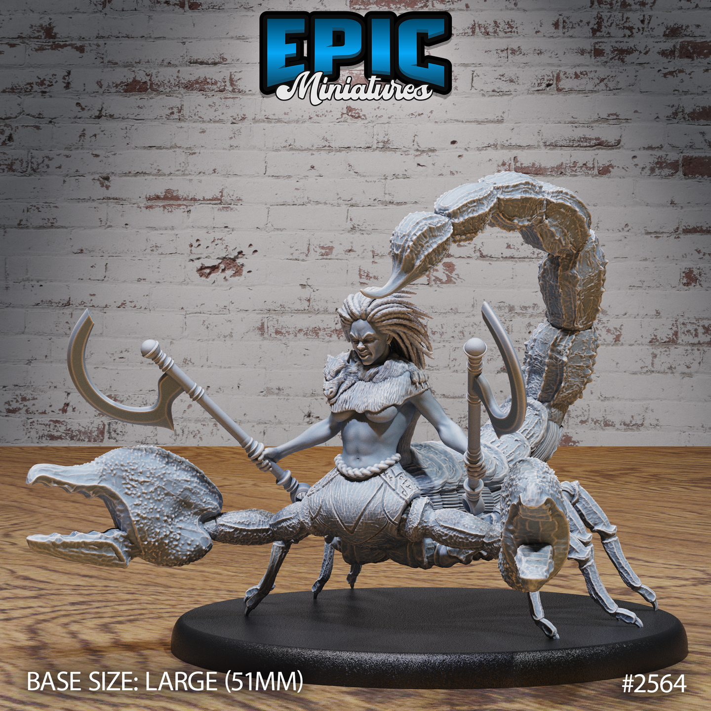 Ferocious dreadlocked warrior riding a giant scorpion, swinging a broad axe with both hands, fur collar and rope belt, scorpion claws splayed wide and stinger arched overhead. Sculpt by Epic Miniatures.