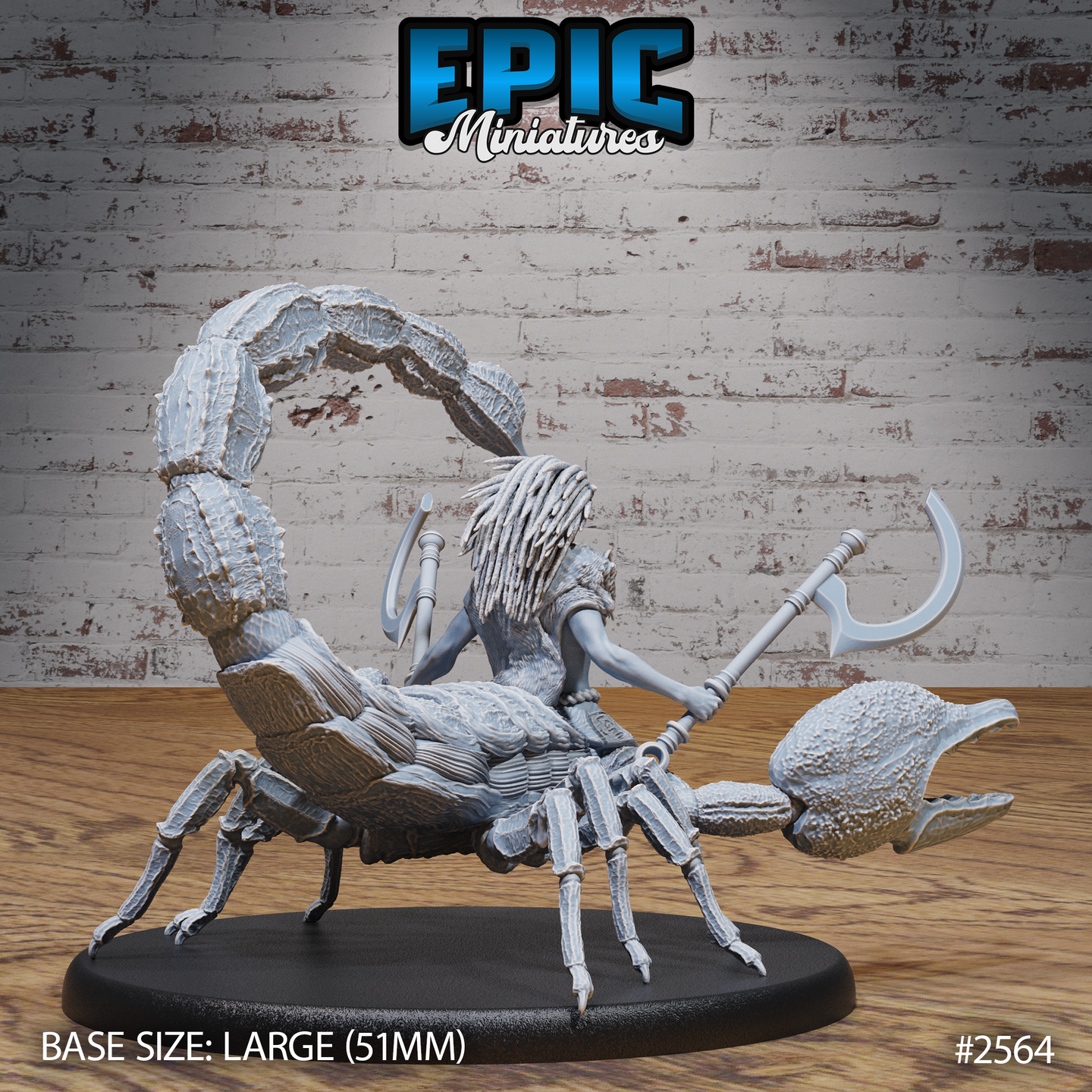 Scorpion Arachne Angry sculpt from behind showing the rider's wild dreadlocks and the scorpion's segmented tail curving high, multiple legs and textured carapace visible. Sculpt by Epic Miniatures.