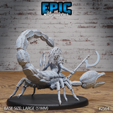 Scorpion Arachne Angry sculpt from behind showing the rider's wild dreadlocks and the scorpion's segmented tail curving high, multiple legs and textured carapace visible. Sculpt by Epic Miniatures.
