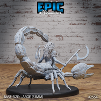 Scorpion Arachne Angry sculpt from behind showing the rider's wild dreadlocks and the scorpion's segmented tail curving high, multiple legs and textured carapace visible. Sculpt by Epic Miniatures.