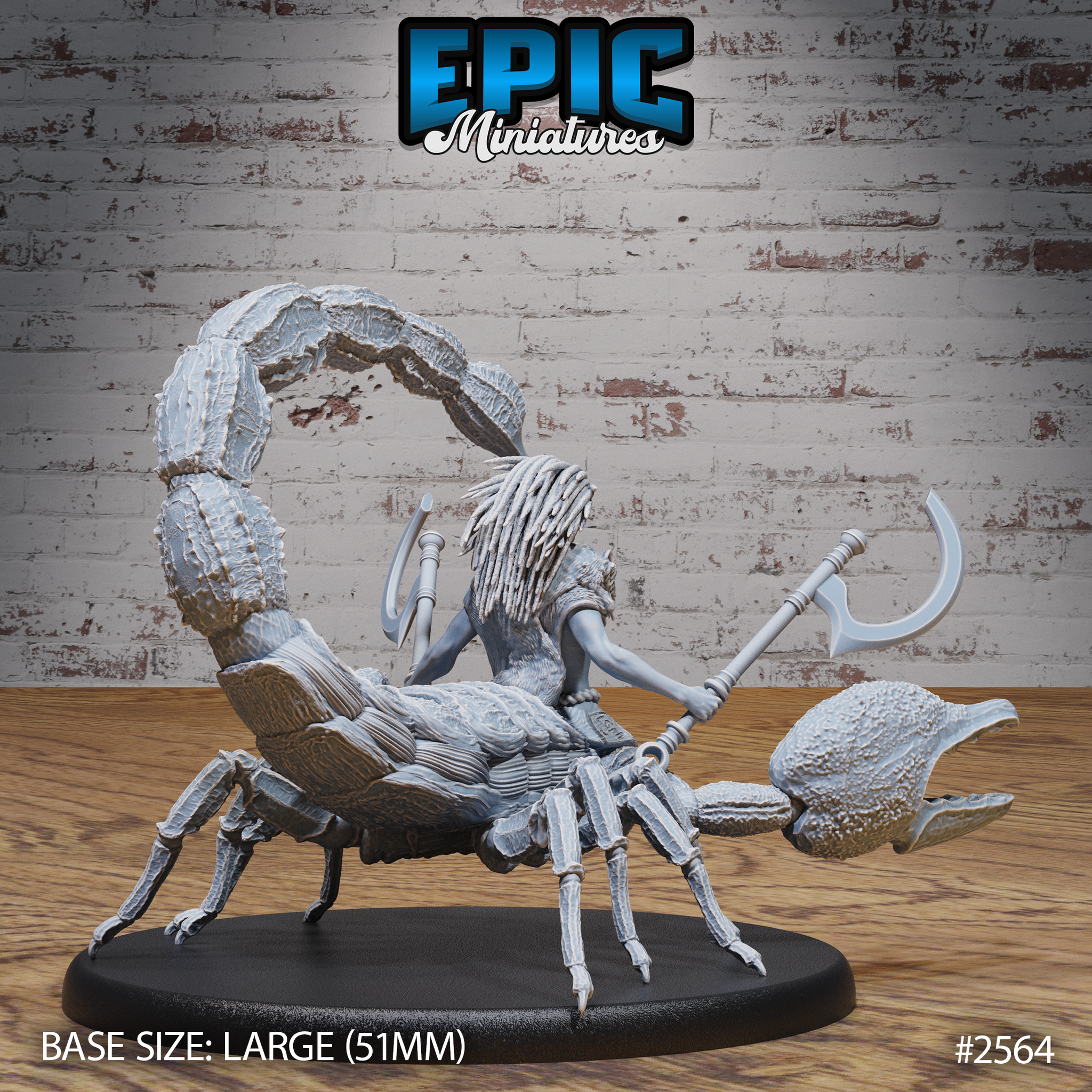Scorpion Arachne Angry sculpt from behind showing the rider's wild dreadlocks and the scorpion's segmented tail curving high, multiple legs and textured carapace visible. Sculpt by Epic Miniatures.