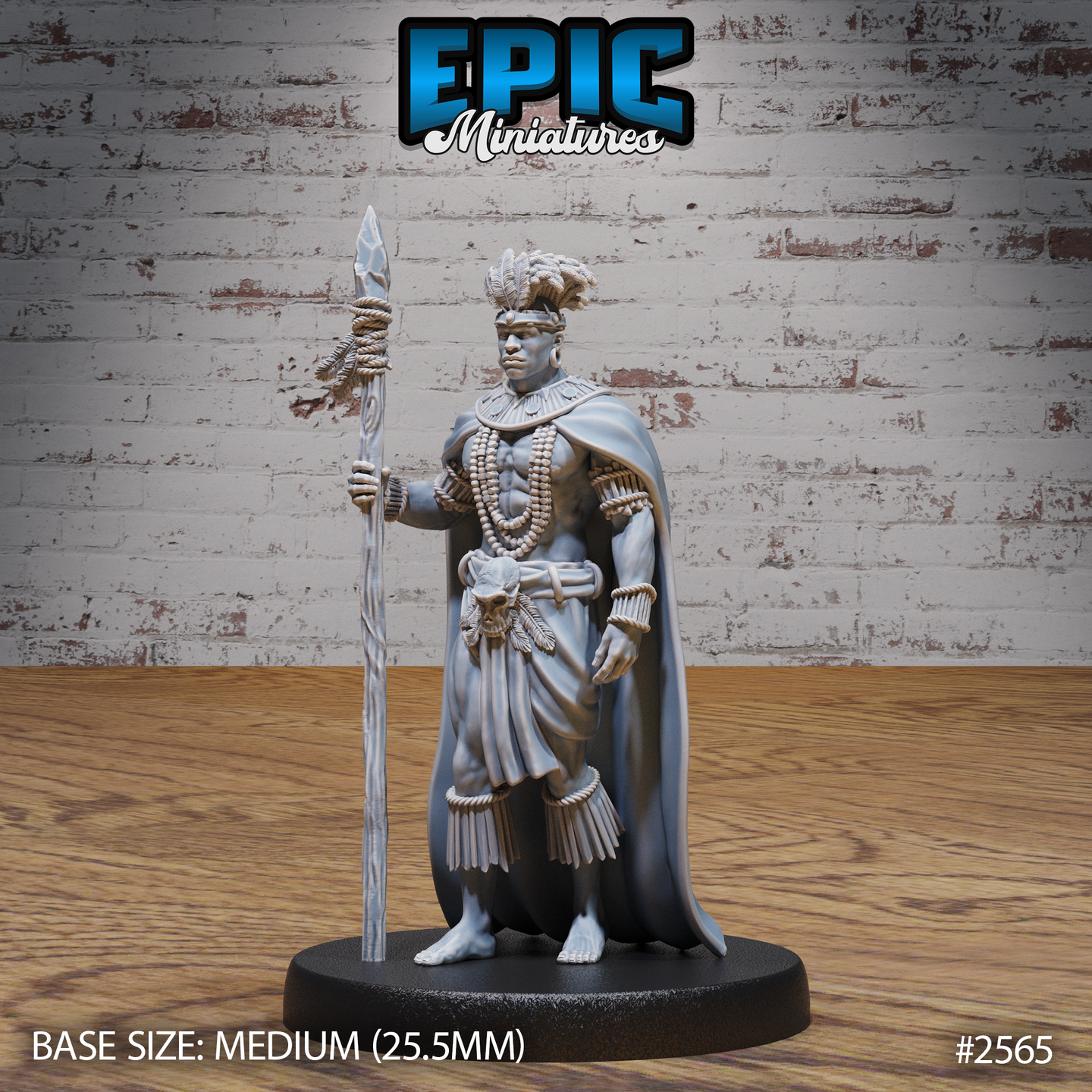 Muscular male tribal warrior standing upright, holding a tall feather-bound spear, wearing layered bead necklaces, a fringed wrap skirt, and a broad flowing cape. Feathered headdress atop rope-bound hair. Sculpt by Epic Miniatures.