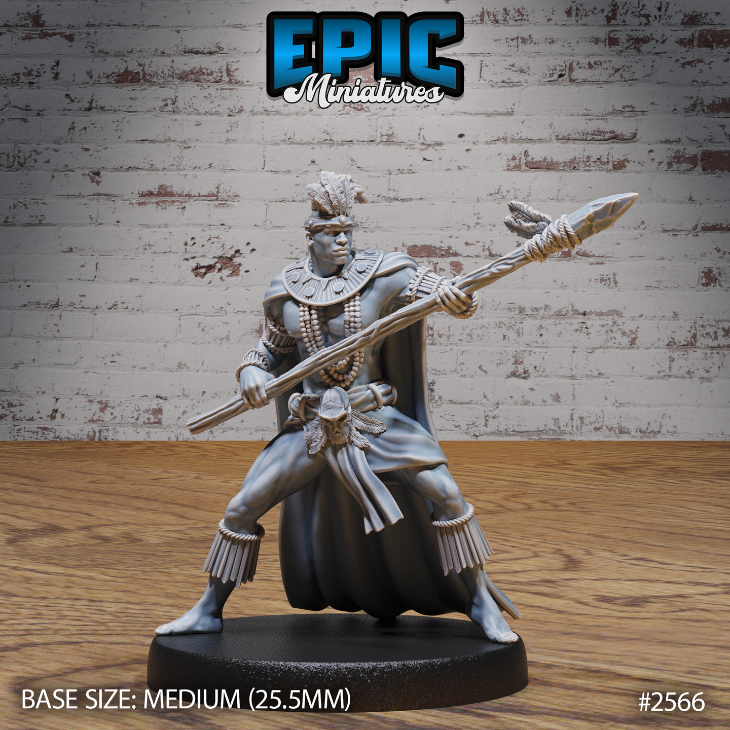 Muscular tribal warrior thrusting a rope-bound spear forward with both hands, wearing a feathered headdress, layered bead necklaces, a flowing full-length cape, and rope-fringed ankle wrappings. Sculpt by Epic Miniatures.