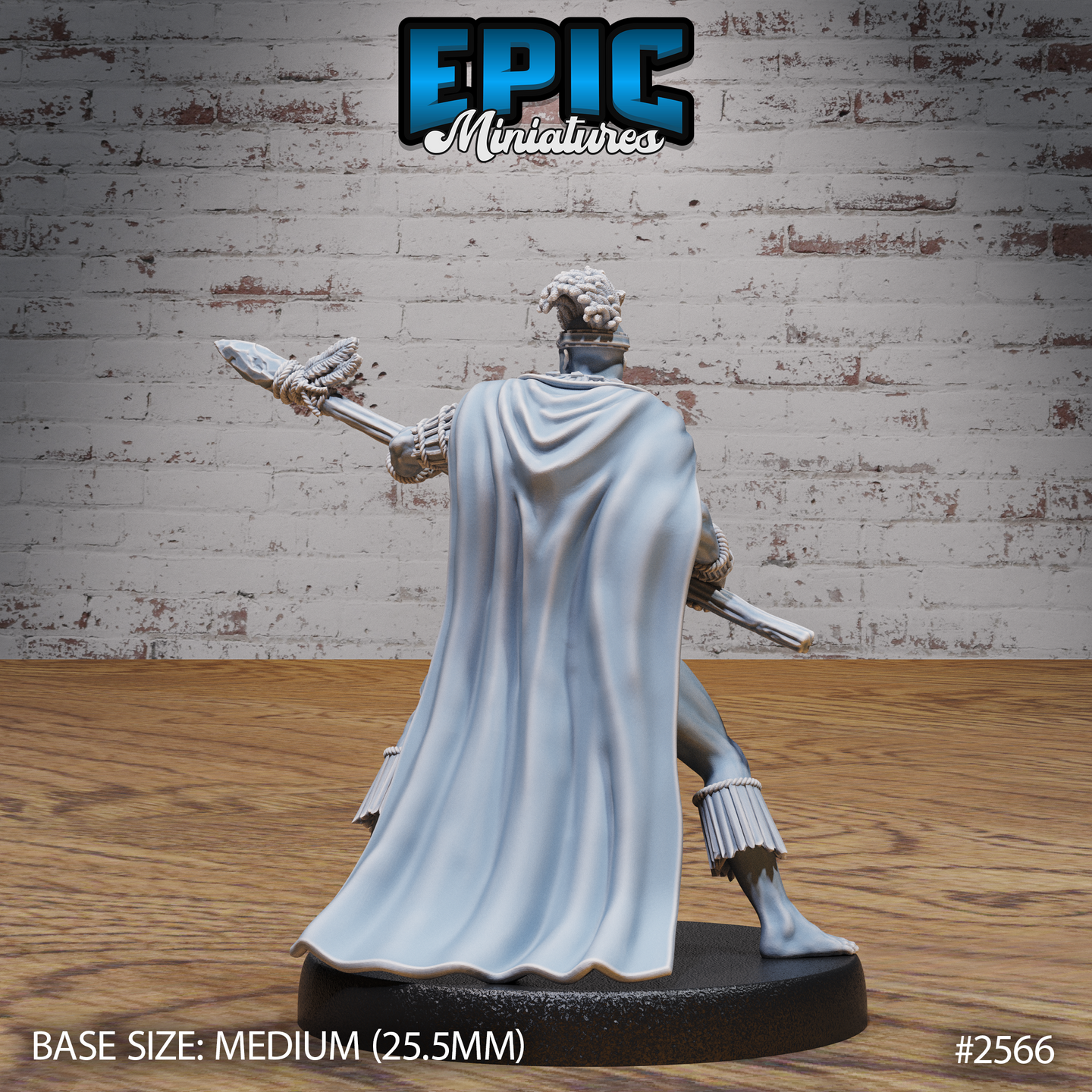 Rear view of a tribal warrior mid-lunge, his full-length cape billowing behind him, rope-bound spear extended forward, feathered headdress visible at the crown of his head. Sculpt by Epic Miniatures.