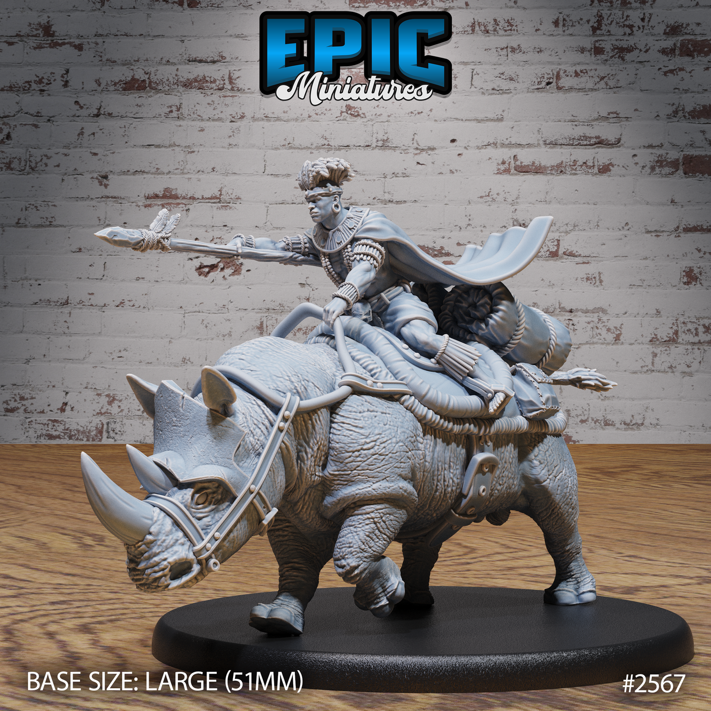 Warrior with braided hair and beaded jewellery riding a saddled war-rhino, spear levelled forward, cape swept back, large saddlebags and bedrolls secured behind. Sculpt by Epic Miniatures.