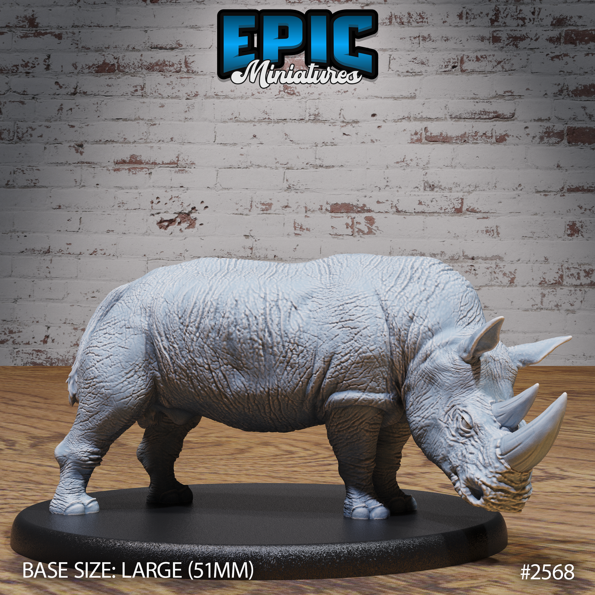 Unpainted grey resin rhino miniature with head lowered, showing deeply textured wrinkled hide across the full body, prominent front horn, and small upright ears. Mounted on a large oval base. By Epic Miniatures.