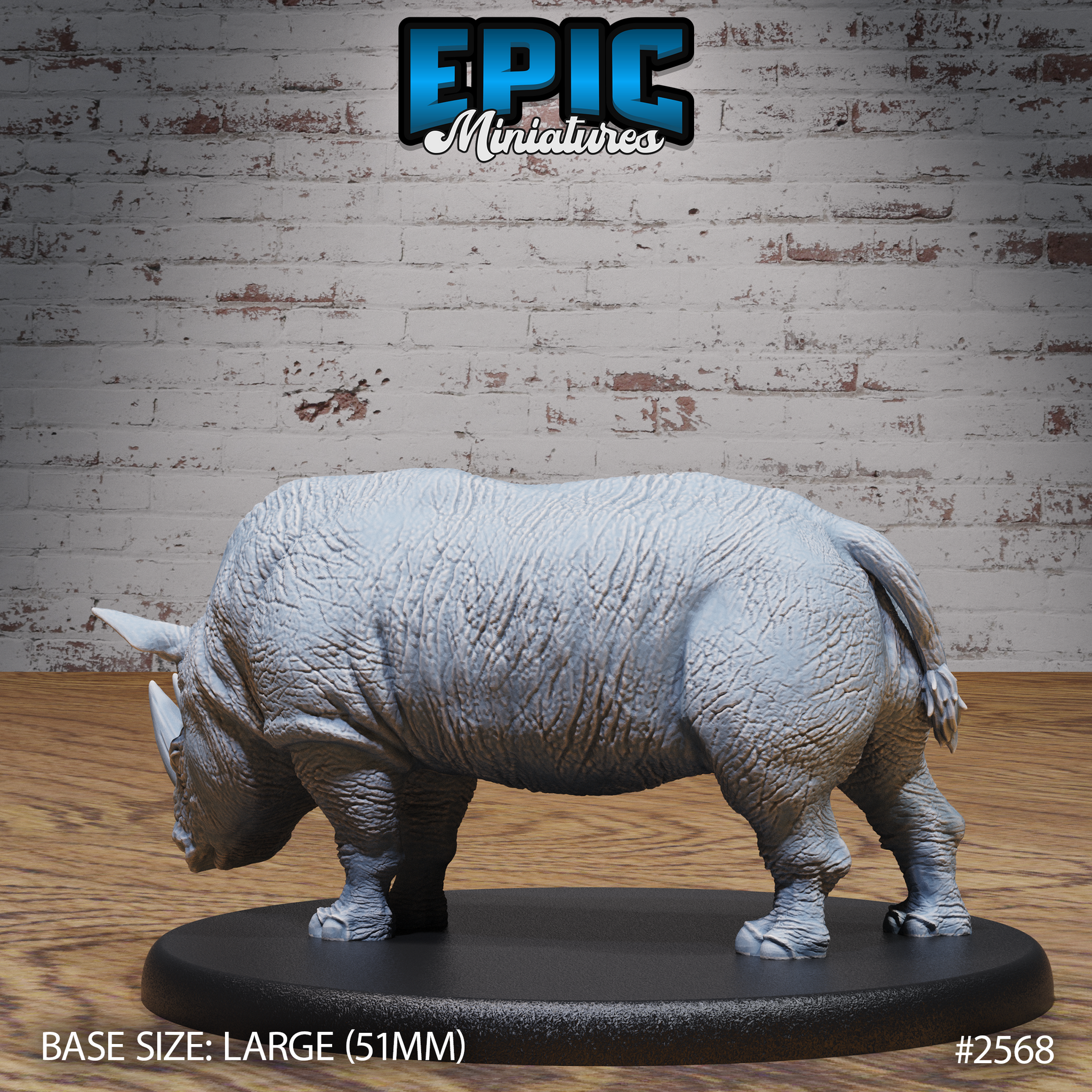 Unpainted grey resin rhino miniature in a broad, weight-bearing stance with head down and tail raised, displaying heavily folded skin texture across the shoulders and flanks. Mounted on a large oval base. By Epic Miniatures.