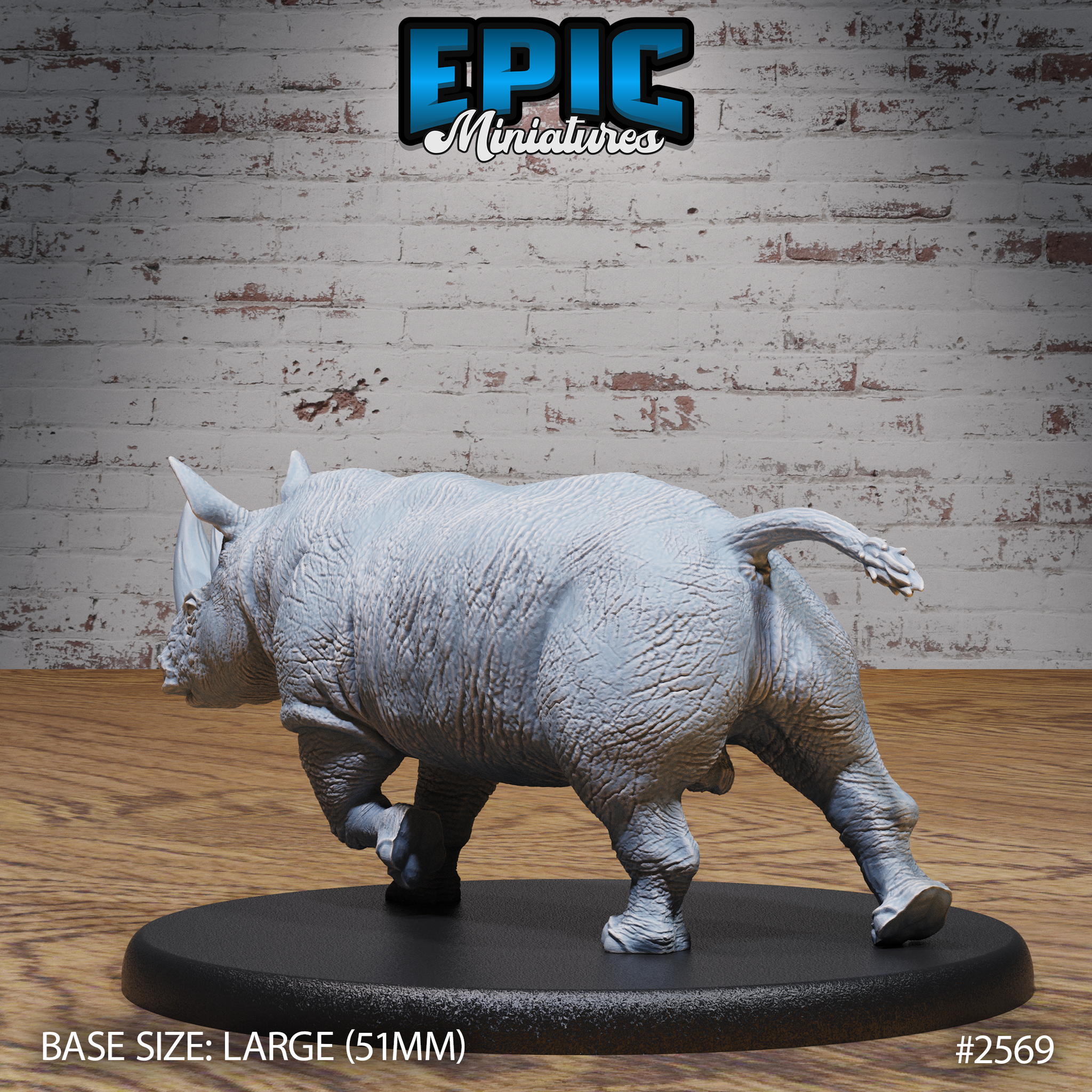 Rhinoceros miniature by Epic Miniatures viewed from behind and to the side, showing the heavily textured wrinkled hide across the broad back and haunches, tail raised, on a large oval base.