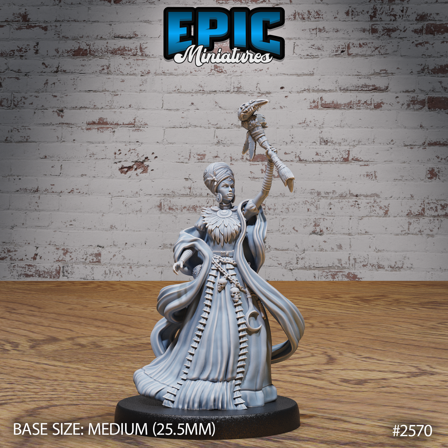 Female spellcaster standing with one arm raised overhead gripping a skull-topped staff with serpent finial, wearing layered flowing robes, wide feathered collar, skull and crescent charms at the belt, composed expression, wrapped hair. Sculpt by Epic Miniatures.