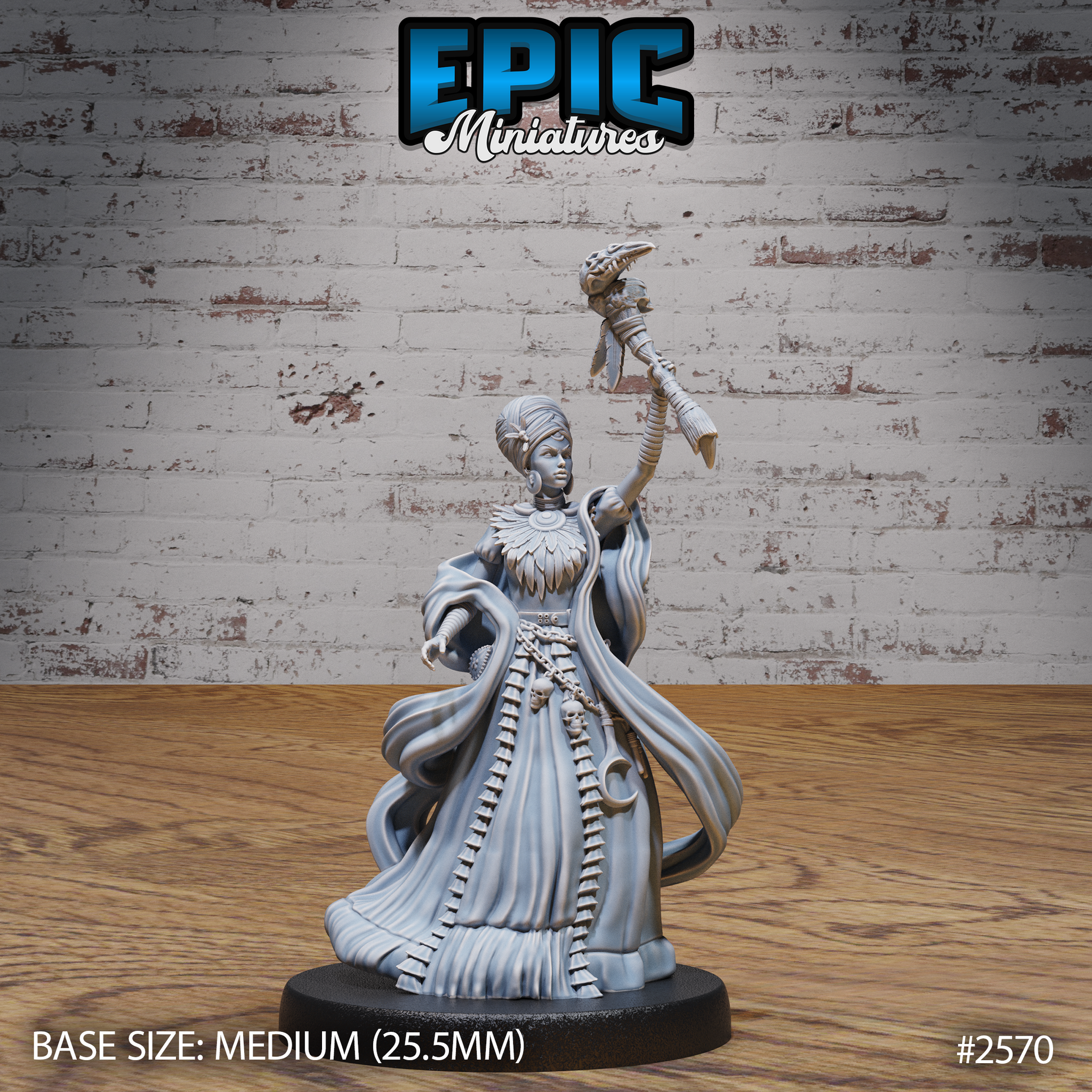 Female spellcaster standing with one arm raised overhead gripping a skull-topped staff with serpent finial, wearing layered flowing robes, wide feathered collar, skull and crescent charms at the belt, composed expression, wrapped hair. Sculpt by Epic Miniatures.