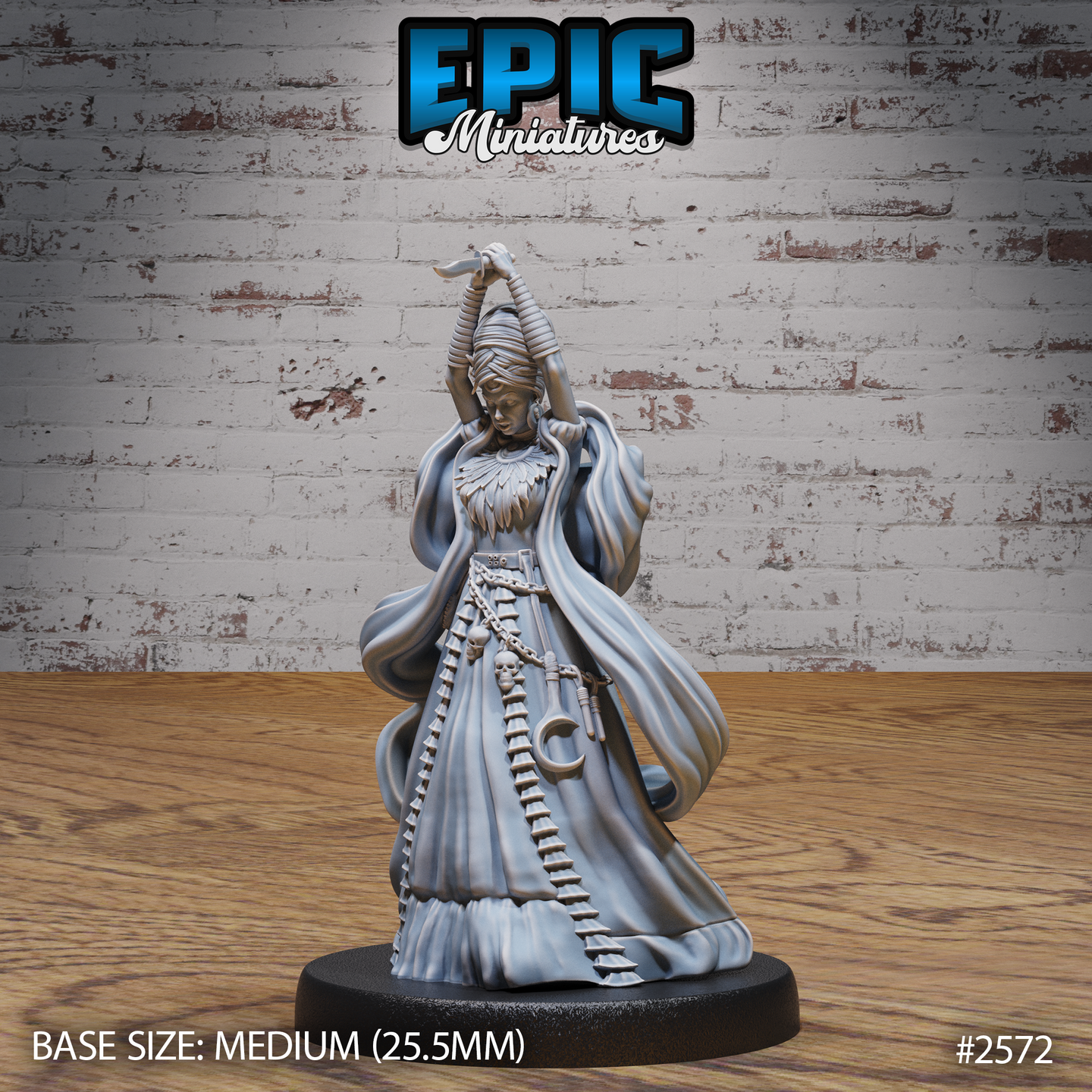 Female spellcaster raising a dagger overhead with both arms, wearing a tall wrapped headdress, feathered collar, and flowing robes with a crescent moon chain belt. Sculpt by Epic Miniatures.