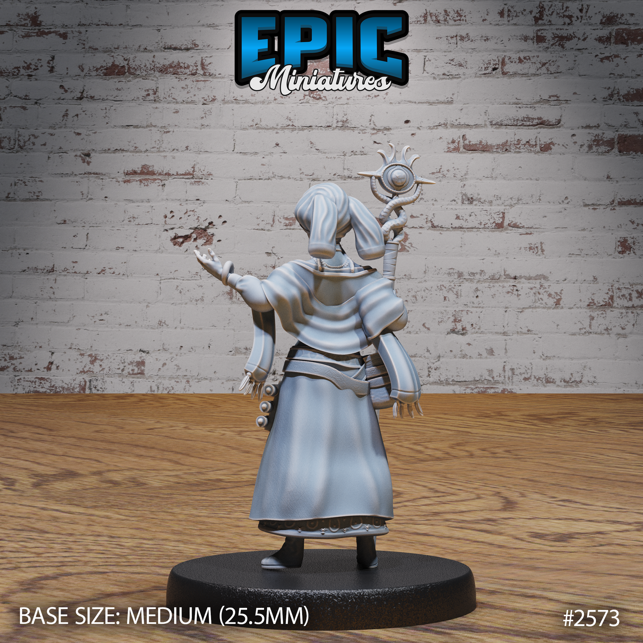 Female seer seen from behind, arm raised and reaching forward, staff with sun-orb totem held aloft. Layered robes with sash detail, pouches at the belt, close-wrapped turban with trailing fabric. Sculpt by Epic Miniatures.