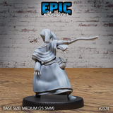 Rear view of a female tribal seer mid-thrust with a long ceremonial staff extended forward, showing flowing layered robes, a wide utility belt with pouches, taloned gauntlets at her trailing hand, and a tall wrapped headdress. Sculpt by Epic Miniatures.