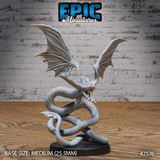 Flying Snake miniature by Epic Miniatures — winged serpent rearing upright with jaws open, fangs exposed, bat-like wings spread wide, coiled body looping around a decorative sculpted base.