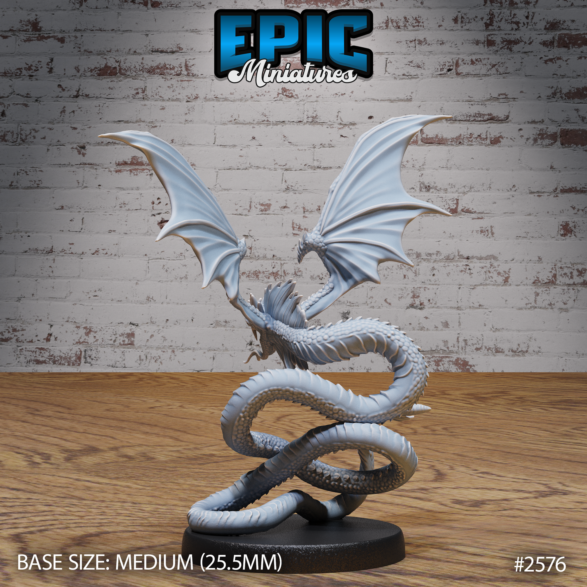 Flying Snake miniature by Epic Miniatures — serpentine body coiled in a tighter spiral with wings fully extended overhead, smooth scaled texture visible across the length of the body, plain round gaming base.