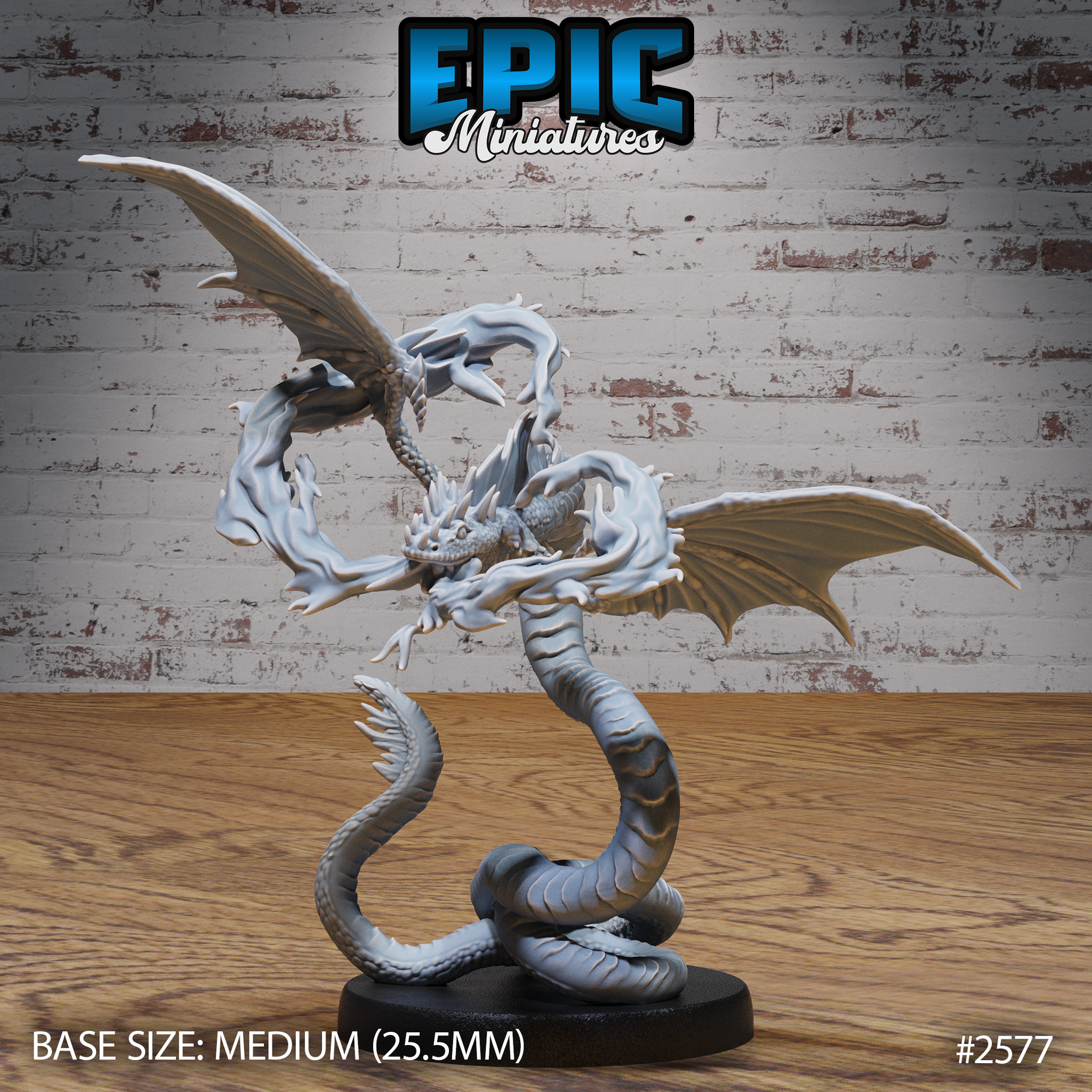 Serpentine winged dragon with a long coiling tail, swept-back wings spread wide, head raised with jaws open, clawed forelimbs braced mid-ascent. Ragged flame-edged wing membranes. Sculpt by Epic Miniatures.