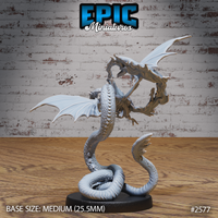 Winged serpent dragon viewed from behind showing heavy overlapping scales along the coiling body, one wing angled high and one spread low, tail curling tightly around the base. Sculpt by Epic Miniatures.