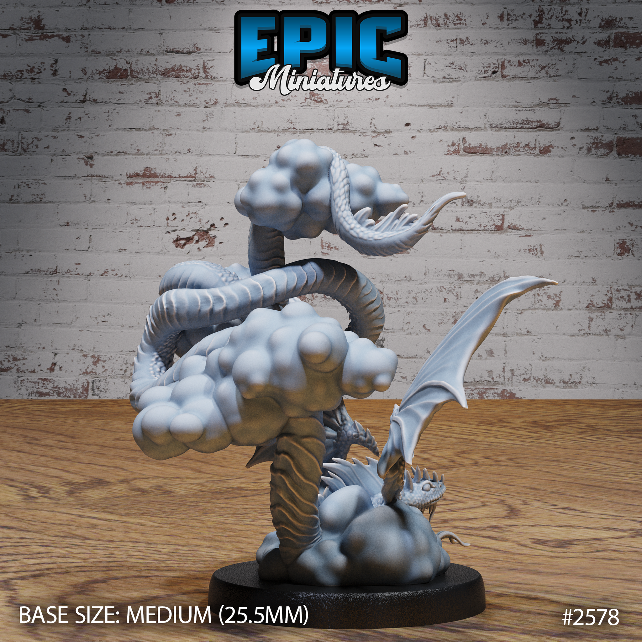 Flying snake miniature viewed from behind, body spiralling around a tall cloud-form base, narrow wings visible at the lower body, dragon head tucked low. Epic Miniatures.