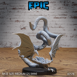 Flying snake miniature without decorative base, body coiling in an S-curve with two broad membranous wings fully extended, head open-mouthed at the bottom. Epic Miniatures.