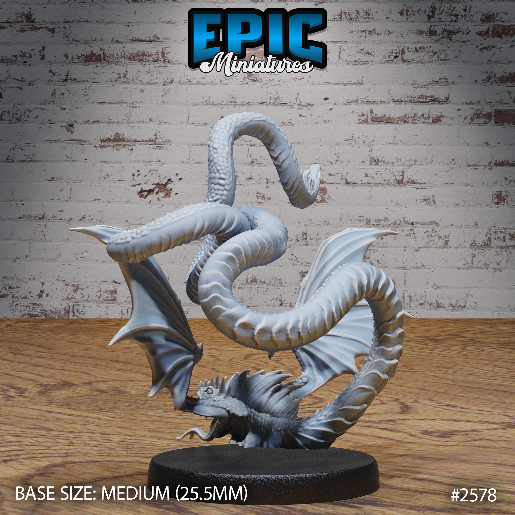 Flying snake miniature by Epic Miniatures, full-body render showing coiled serpent form with wings spread, scaled texture throughout, on a plain oval base.