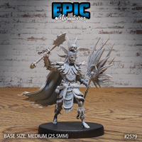 Warrior-priest in a wide forward stance, raising a skull-topped axe overhead with right hand, left hand gripping a tall feather-fan staff. Layered bone-plate chest armour, skull-mask helm with feathered quills, fur-trimmed waist wraps, claw-adorned boots, and a billowing frayed cloak. Sculpt by Epic Miniatures.