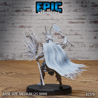 Rear view of a warrior-priest figure gripping a tall feather-fan staff low and holding a bone-topped axe aloft. A large flowing cloak with a ragged frayed hem dominates the back. Feathered headdress and quill-covered helm visible from behind, with detailed fur and claw ankle wraps. Sculpt by Epic Miniatures.