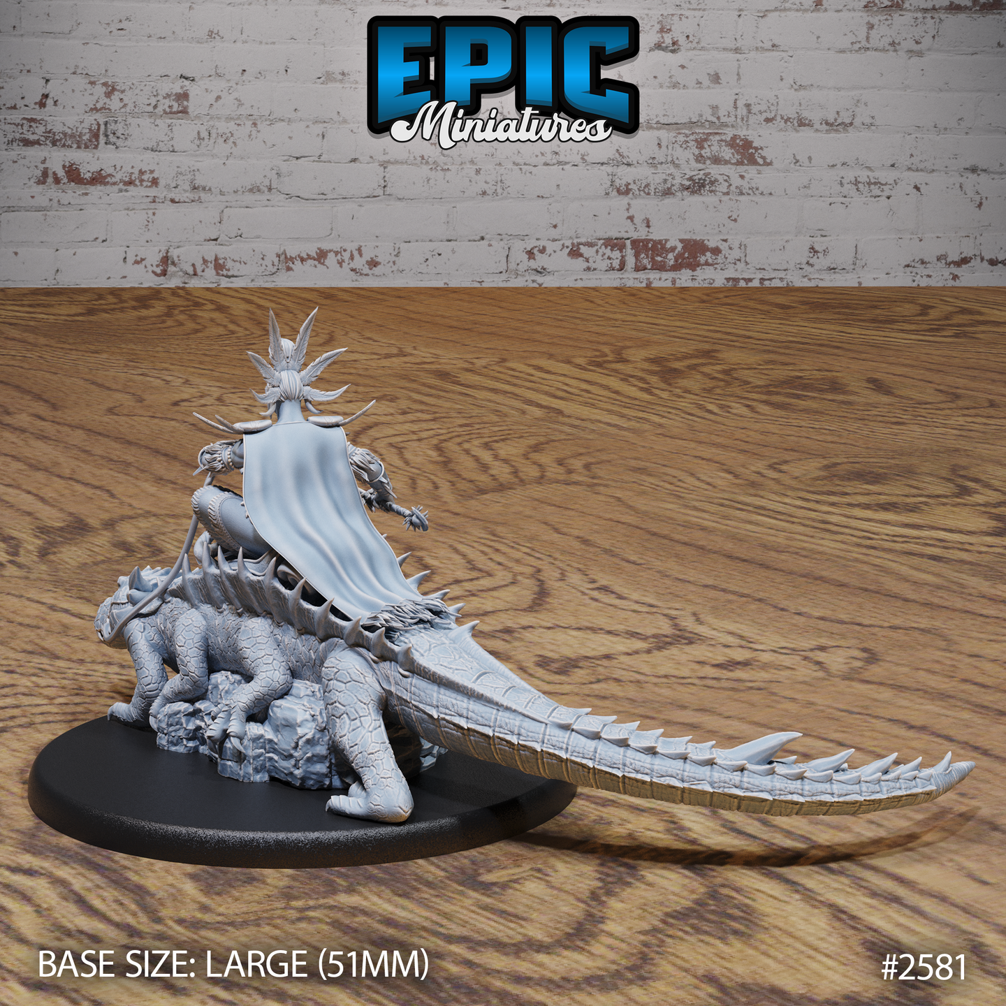 Rear view of voodoo priest on crocodile mount showing a long flowing cape, spiked bone headpiece, and the full length of the crocodile's ridged scaly tail extending behind the base. Sculpt by Epic Miniatures.