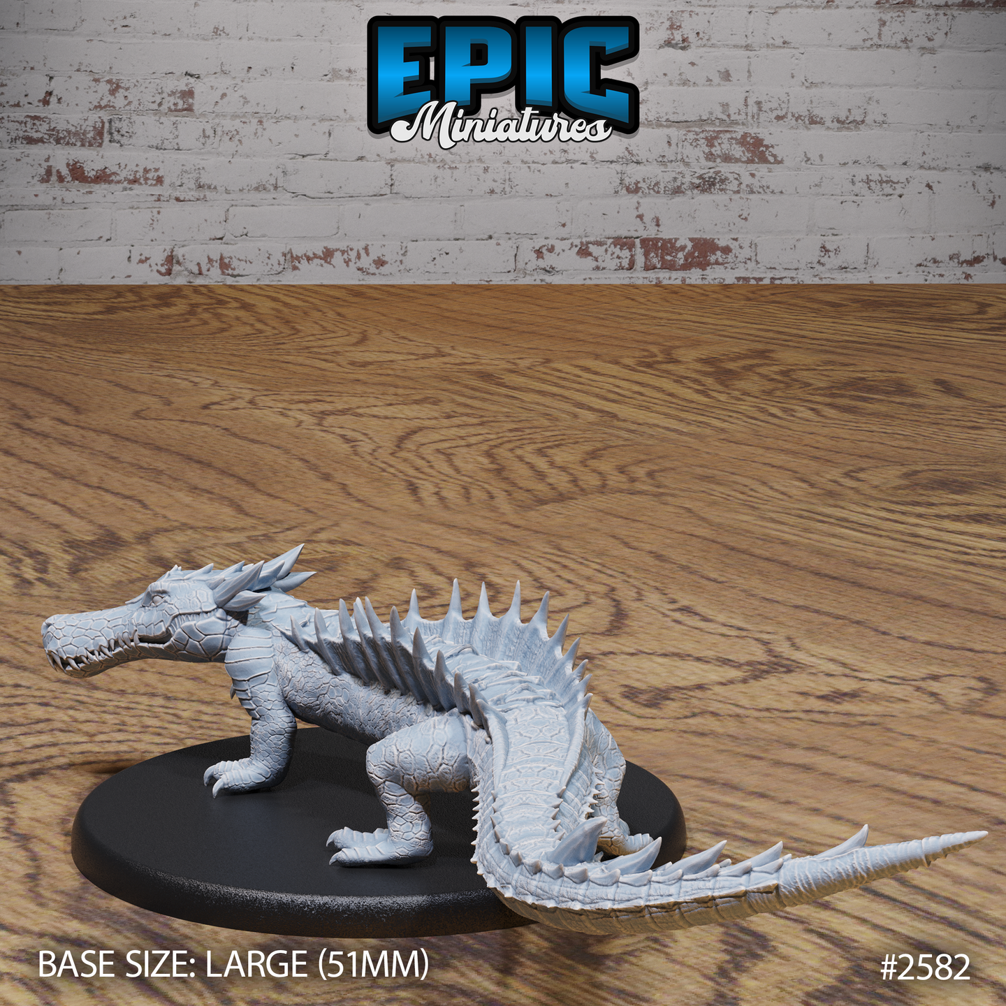 River Crocodile miniature by Epic Miniatures — rearward view showing the spined back, heavily scaled flanks, spiked tail tip, and thick clawed limbs, mounted on a large oval base.