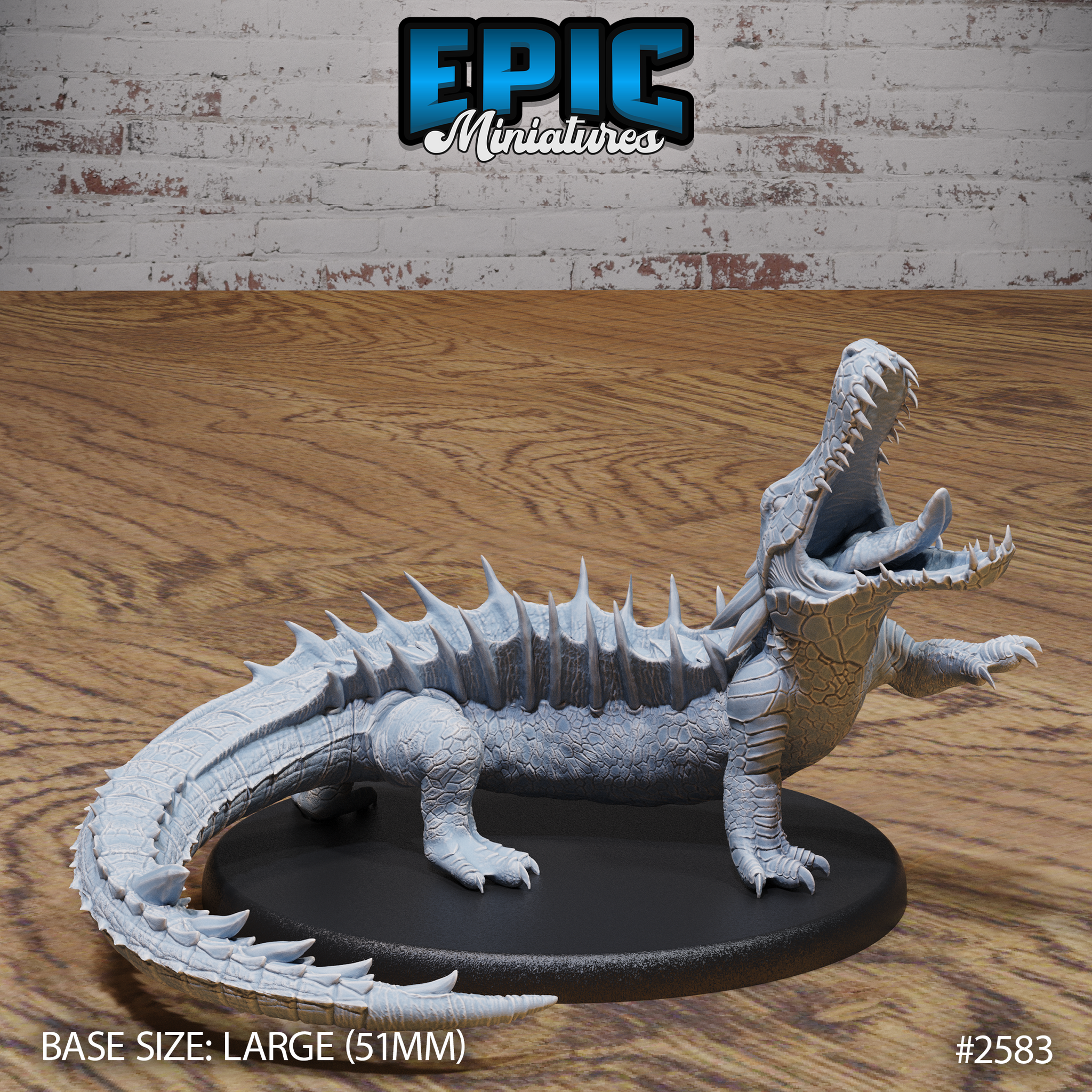 Ferocious crocodile miniature with jaws wide open, body low and coiled, dorsal spines running the full length of the back, clawed feet gripping a large oval base. Sculpt by Epic Miniatures.