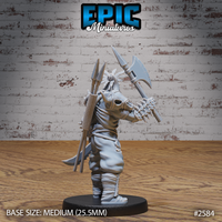 Tribal warrior seen from behind, showing a large bundle of javelins and a quiver across his back, spiked shoulder armour, bound feathered headdress, and a great axe held upright at his side. Sculpt by Epic Miniatures.
