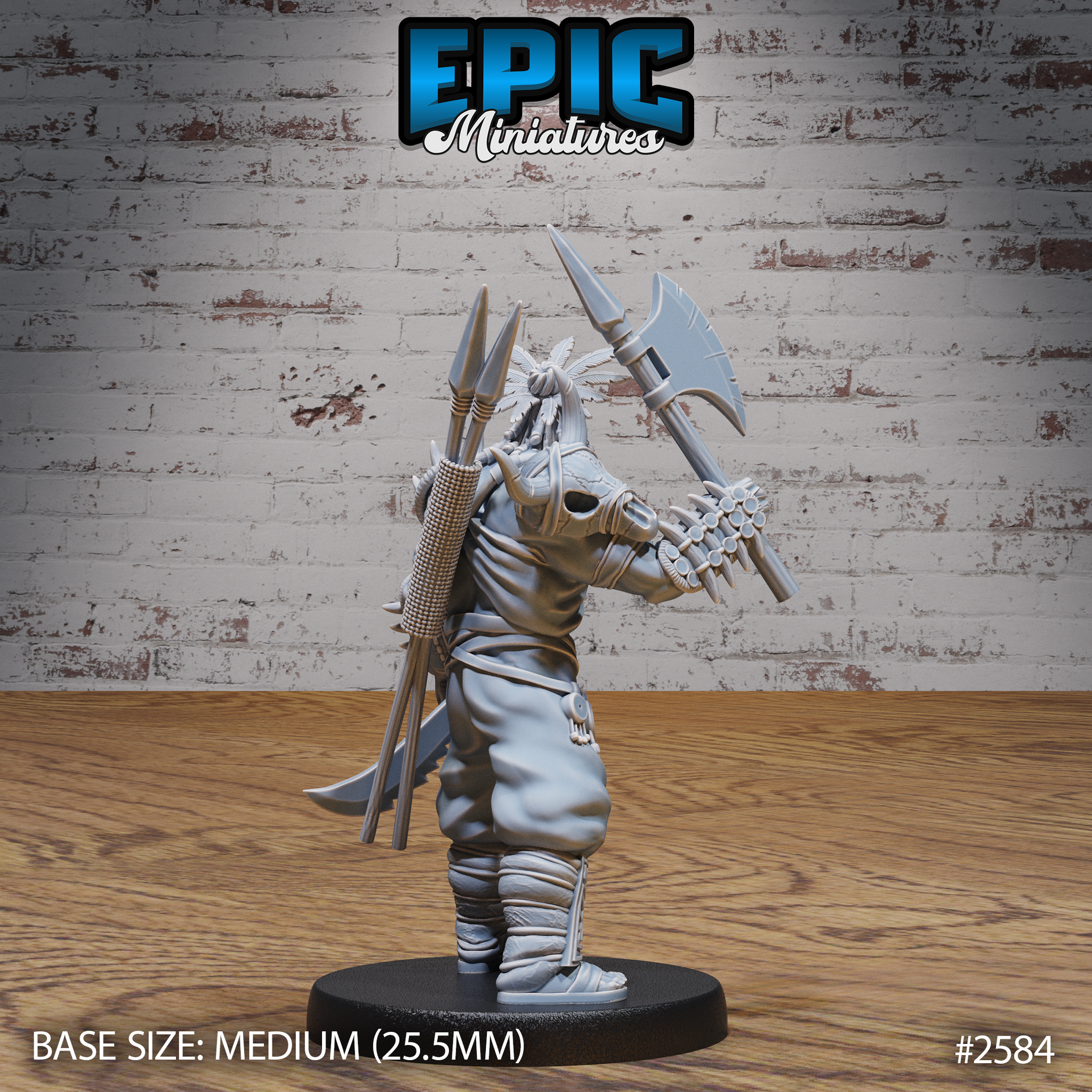 Tribal warrior seen from behind, showing a large bundle of javelins and a quiver across his back, spiked shoulder armour, bound feathered headdress, and a great axe held upright at his side. Sculpt by Epic Miniatures.