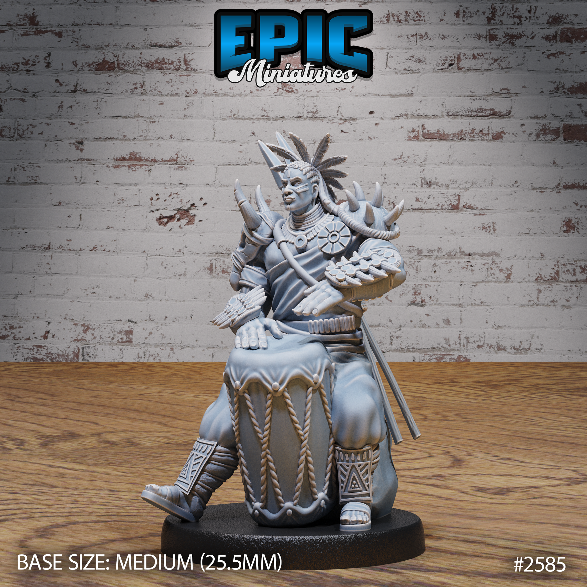 Broad-shouldered tribal champion seated on a large rope-bound war drum, holding a drumstick and rattle, wearing a feathered bone-spiked headdress, layered bone jewellery and geometric boot wraps. Sculpt by Epic Miniatures.