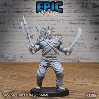 Broad-shouldered tribal champion in a wide battle-cry stance, holding a serrated blade in one hand and a spiked polearm in the other, wearing feathered crown, spiked pauldrons, carved bead tokens, and geometric-patterned greaves. Sculpt by Epic Miniatures.