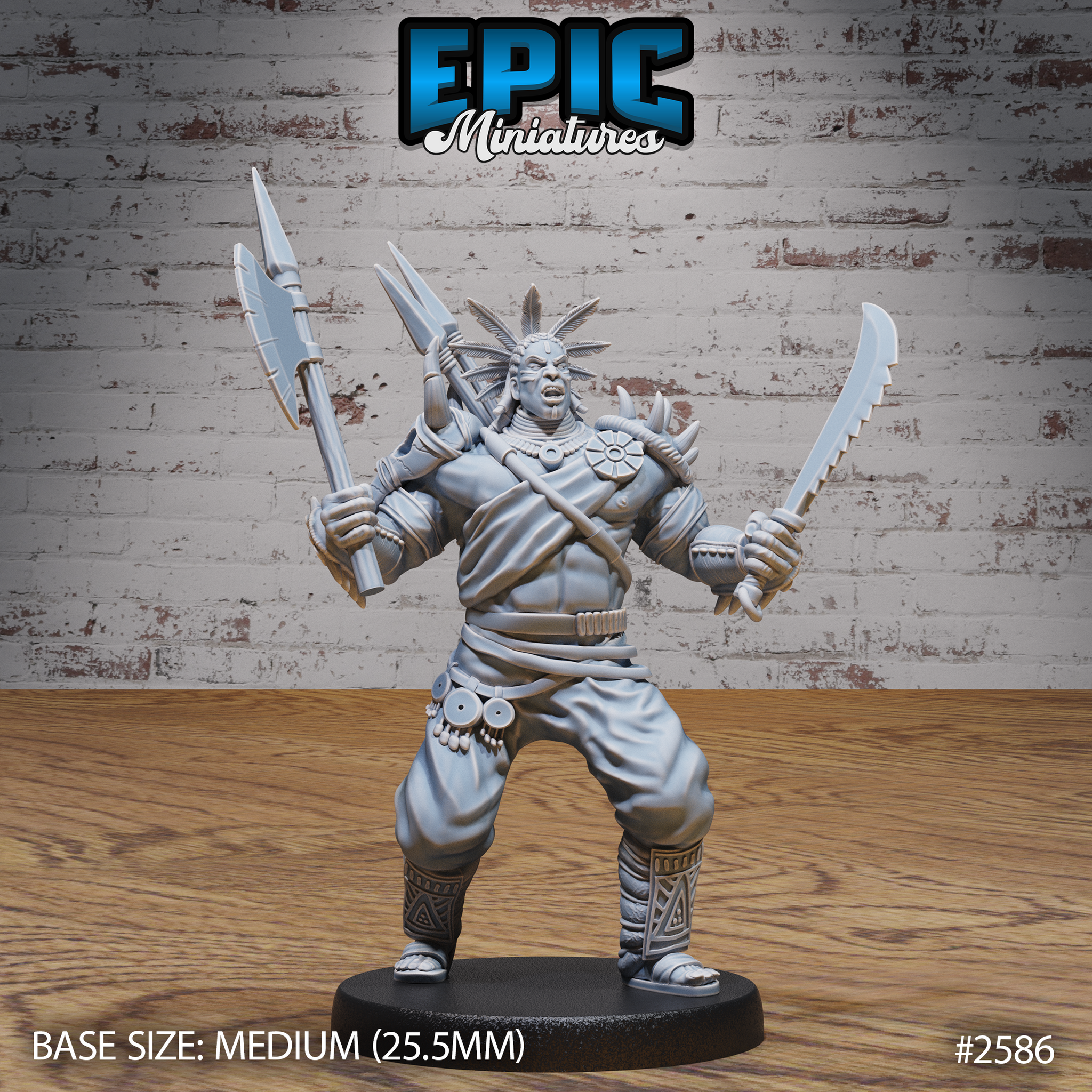 Broad-shouldered tribal champion in a wide battle-cry stance, holding a serrated blade in one hand and a spiked polearm in the other, wearing feathered crown, spiked pauldrons, carved bead tokens, and geometric-patterned greaves. Sculpt by Epic Miniatures.