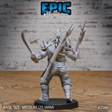 Tribal champion seen from behind, feathers and bone ornaments knotted into his hair, a long spiked polearm carried diagonally across his back, serrated blade raised at his side, detailed cloth wrappings and beaded cord visible throughout. Sculpt by Epic Miniatures.