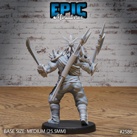 Tribal champion seen from behind, feathers and bone ornaments knotted into his hair, a long spiked polearm carried diagonally across his back, serrated blade raised at his side, detailed cloth wrappings and beaded cord visible throughout. Sculpt by Epic Miniatures.
