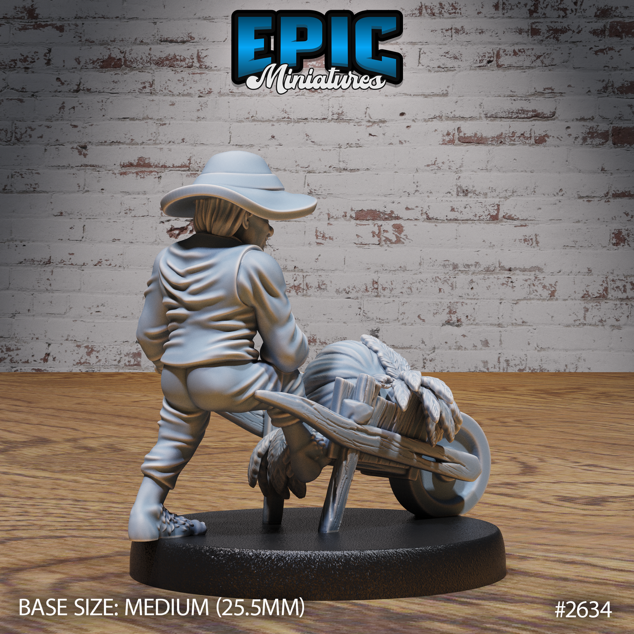 Halfling villager pushing a weathered wooden wheelbarrow, seen from behind, coat fabric detailed with folds, hairy bare feet visible at the base. Barrow holds bundled produce. Sculpt by Epic Miniatures.